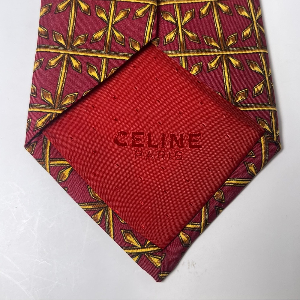Celine Paris Men’s Silk Neck Tie Burgundy Red/Gold Geometric Designs Luxury - Picture 3 of 6